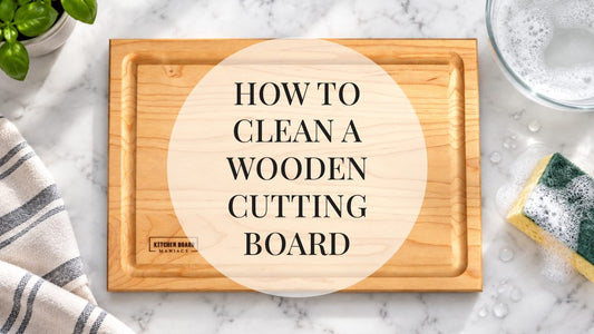 How to clean a wooden cutting board: maple board with sponge and soapy water on marble counter
