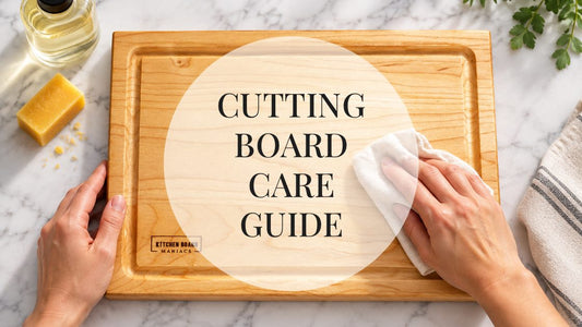Cutting board care guide: hands rubbing mineral oil into a maple cutting board with beeswax nearby