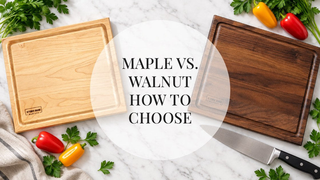 Maple vs. walnut cutting boards side by side on white marble — how to choose
