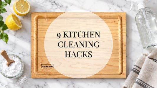 9 kitchen cleaning hacks: maple cutting board with lemon, baking soda and vinegar spray bottle