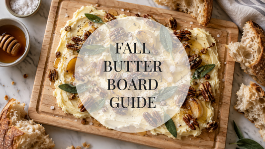 Fall butter board on a maple cutting board with pecans, sage and honey